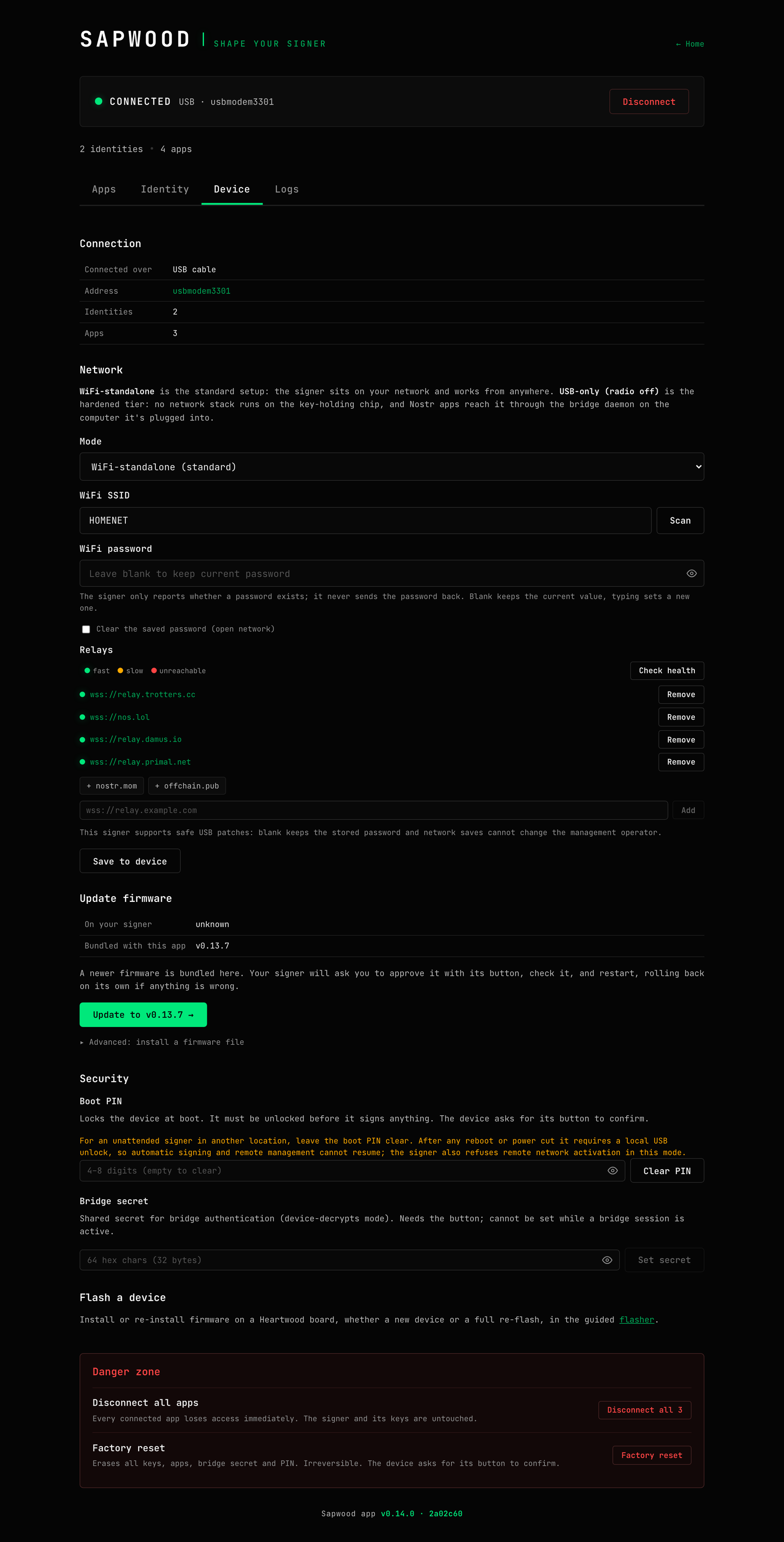 The Device section: connection table, network mode and relay editor, firmware update panel, security settings and the danger zone