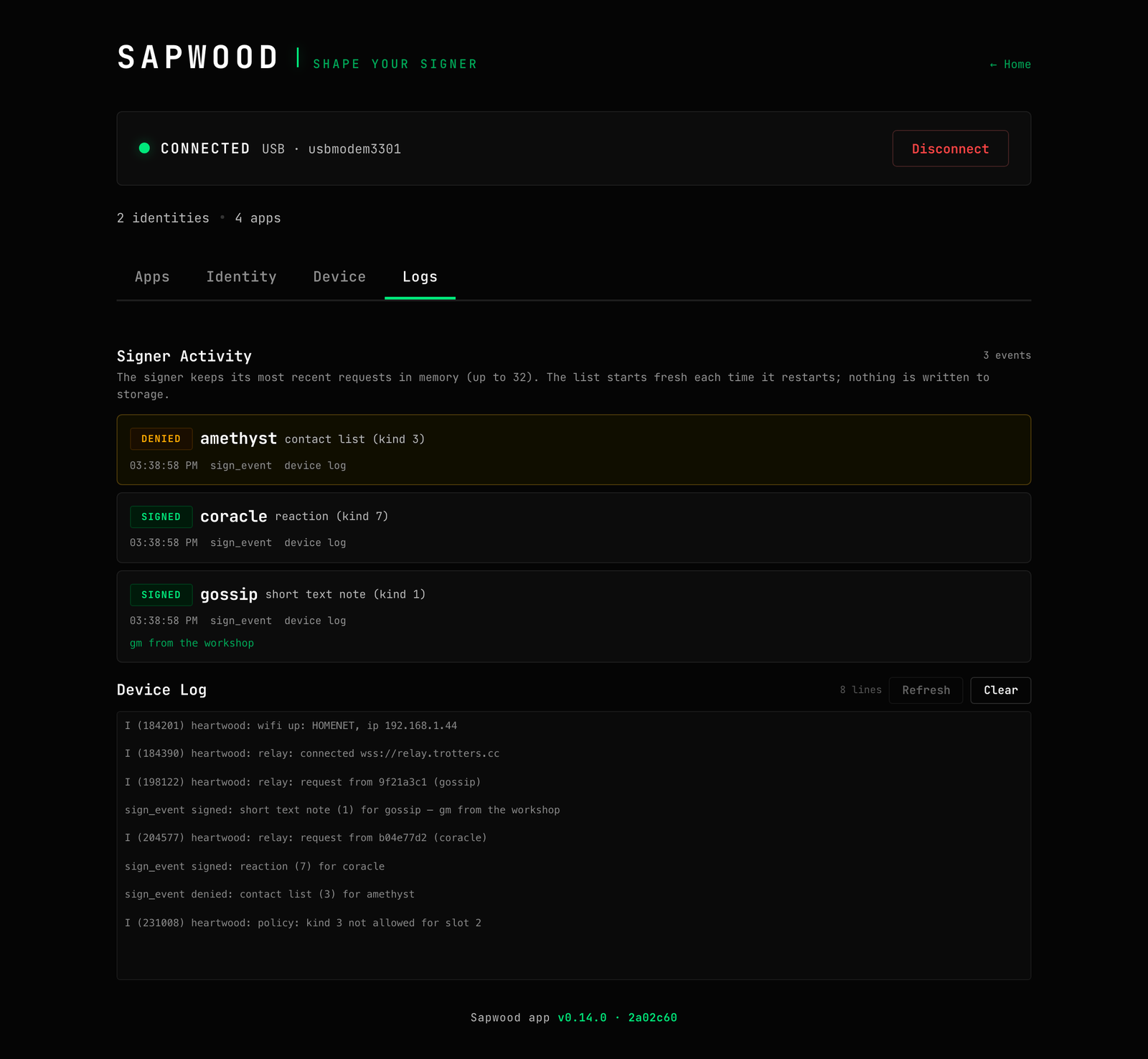 The Logs section: Signer Activity cards showing signed and denied requests per app, above the raw device log stream