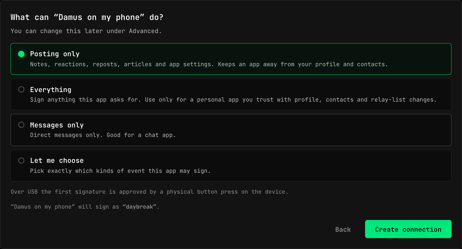 The What can this app do step with presets: Posting only, Everything, Messages only, Let me choose