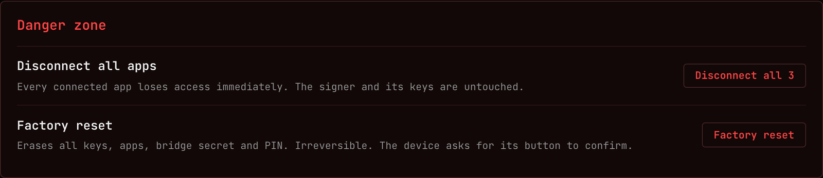 The danger zone: Disconnect all apps, and Factory reset which asks for the device's button